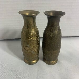 Brass Floral Engraved Bud Vase Pair - Gold Tone